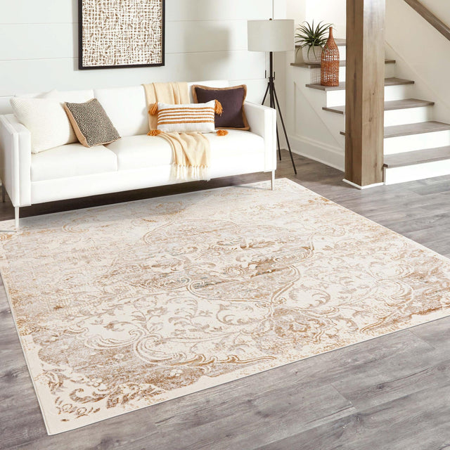 Cream 7' 10 x 7' 10 Highbury Square Area Rug 60% Polypropylene & 40% Polyester With Jute Backing Vintage Distressed Traditional Carpet for Sale at Rug Engine