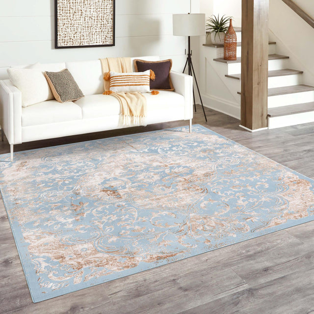 Teal 7' 10 x 7' 10 Highbury Square Area Rug 60% Polypropylene & 40% Polyester With Jute Backing Vintage Distressed Traditional Carpet for Sale at Rug Engine