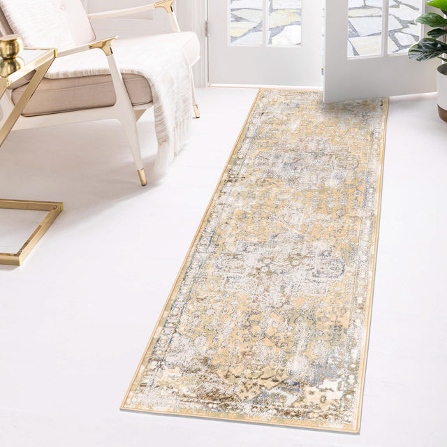 Yellow 2' x 8' Highbury Runner Area Rug 60% Polypropylene & 40% Polyester With Jute Backing Vintage Distressed Traditional Carpet for Sale at Rug Engine