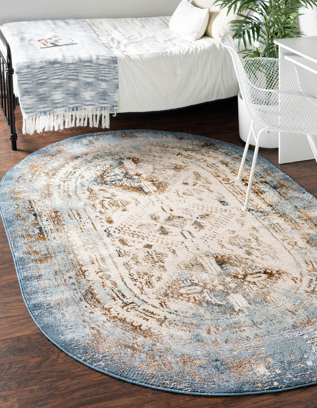 Blue 5' 3 x 8' Highbury Oval Area Rug 60% Polypropylene & 40% Polyester With Jute Backing Vintage Distressed Traditional Carpet for Sale at Rug Engine