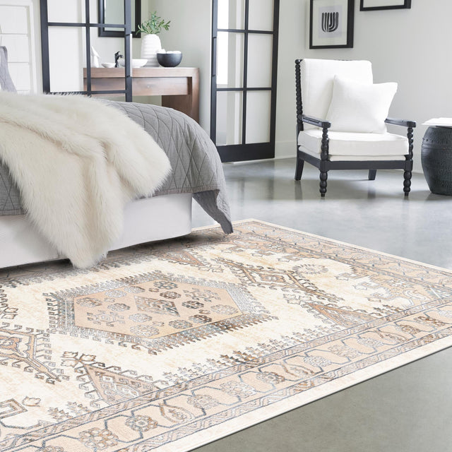 Ivory 7' x 10' Highbury Rectangle Area Rug 60% Polypropylene & 40% Polyester With Jute Backing Vintage Distressed Traditional Carpet for Sale at Rug Engine
