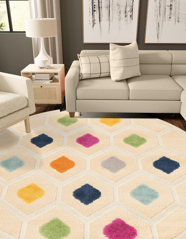 Beige 5' 3 x 5' 3 Aruba Outdoor Round Area Rug Weather Resistant for Patio, Deck, Terrace, Balcony, Porch for Sale at Rug Engine