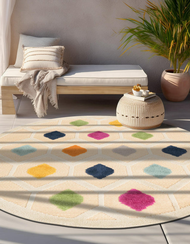 Beige 5' 3 x 5' 3 Aruba Outdoor Round Area Rug Weather Resistant for Patio, Deck, Terrace, Balcony, Porch for Sale at Rug Engine
