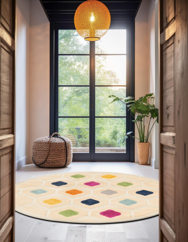 Beige 5' 3 x 5' 3 Aruba Outdoor Round Area Rug Weather Resistant for Patio, Deck, Terrace, Balcony, Porch for Sale at Rug Engine