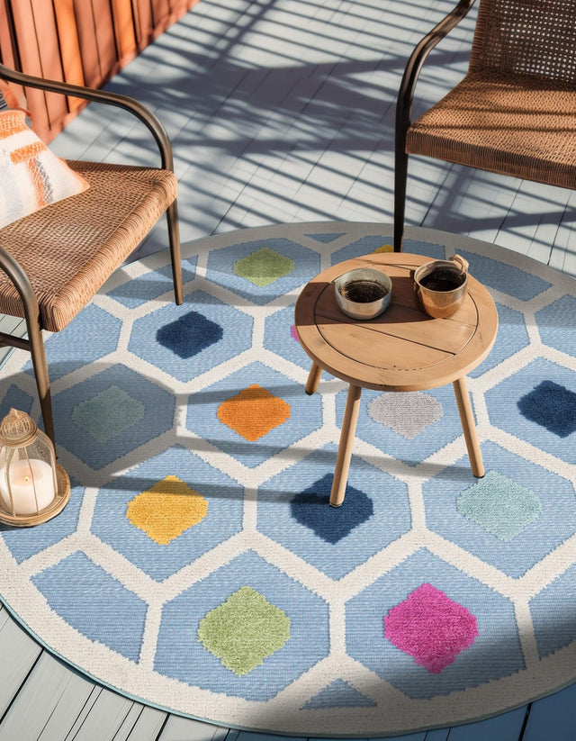 Blue 5' 3 x 5' 3 Aruba Outdoor Round Area Rug Weather Resistant for Patio, Deck, Terrace, Balcony, Porch for Sale at Rug Engine