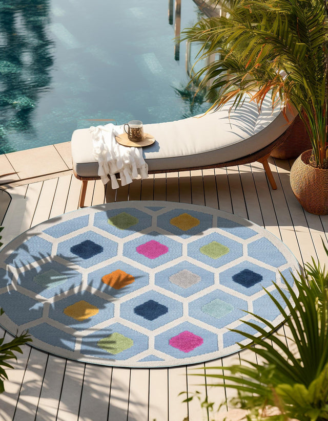 Blue 3' 3 x 3' 3 Aruba Outdoor Round Area Rug Weather Resistant for Patio, Deck, Terrace, Balcony, Porch for Sale at Rug Engine