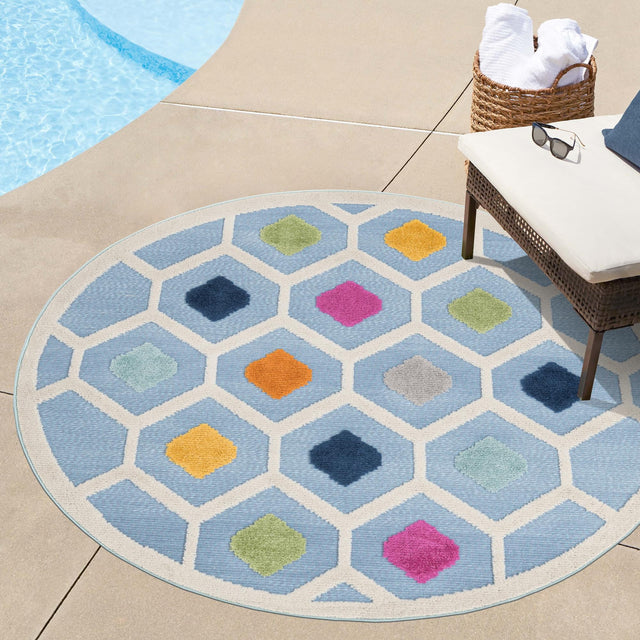 Blue 3' 3 x 3' 3 Aruba Outdoor Round Area Rug Weather Resistant for Patio, Deck, Terrace, Balcony, Porch for Sale at Rug Engine