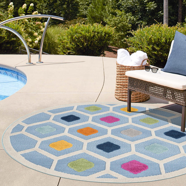 Blue 3' 3 x 3' 3 Aruba Outdoor Round Area Rug Weather Resistant for Patio, Deck, Terrace, Balcony, Porch for Sale at Rug Engine