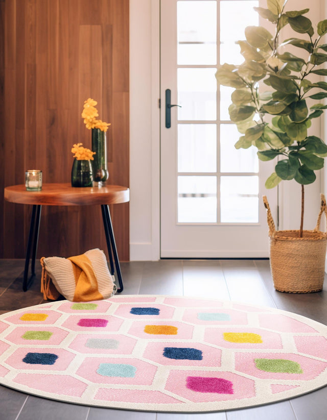 Pink 3' 3 x 3' 3 Aruba Outdoor Round Area Rug Weather Resistant for Patio, Deck, Terrace, Balcony, Porch for Sale at Rug Engine