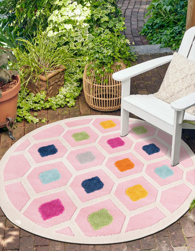 Pink 5' 3 x 5' 3 Aruba Outdoor Round Area Rug Weather Resistant for Patio, Deck, Terrace, Balcony, Porch for Sale at Rug Engine