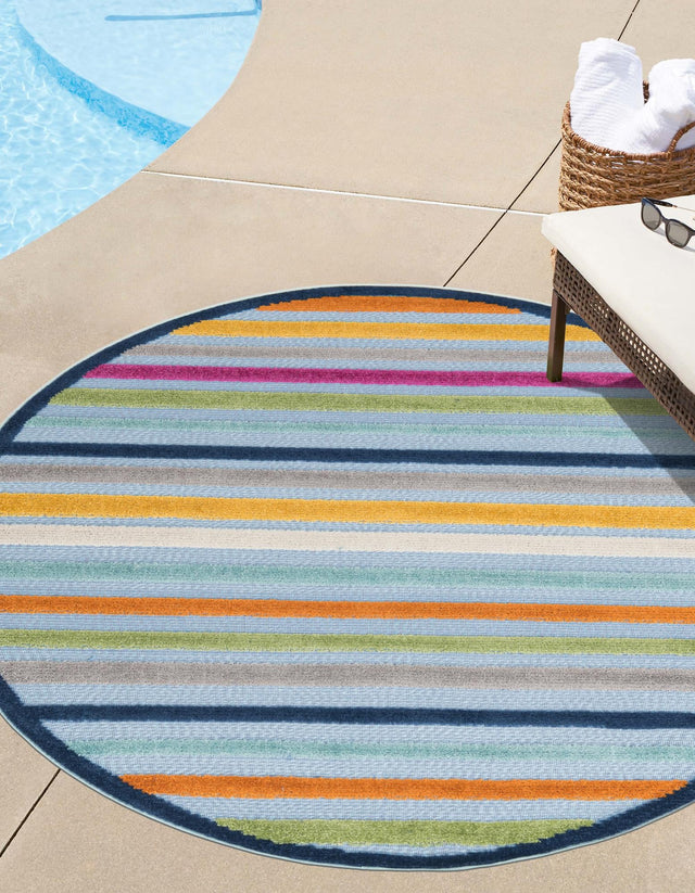 Blue 5' 3 x 5' 3 Aruba Outdoor Round Area Rug Weather Resistant for Patio, Deck, Terrace, Balcony, Porch for Sale at Rug Engine
