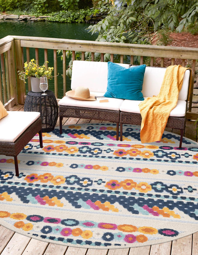 Gray 5' 3 x 5' 3 Aruba Outdoor Round Area Rug Weather Resistant for Patio, Deck, Terrace, Balcony, Porch for Sale at Rug Engine
