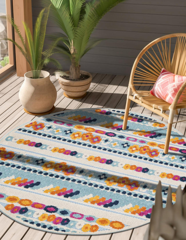 Blue 3' 3 x 3' 3 Aruba Outdoor Round Area Rug Weather Resistant for Patio, Deck, Terrace, Balcony, Porch for Sale at Rug Engine