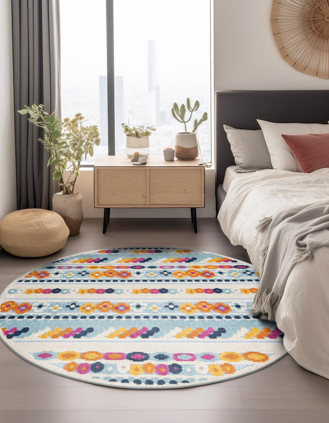 Blue 5' 3 x 5' 3 Aruba Outdoor Round Area Rug Weather Resistant for Patio, Deck, Terrace, Balcony, Porch for Sale at Rug Engine
