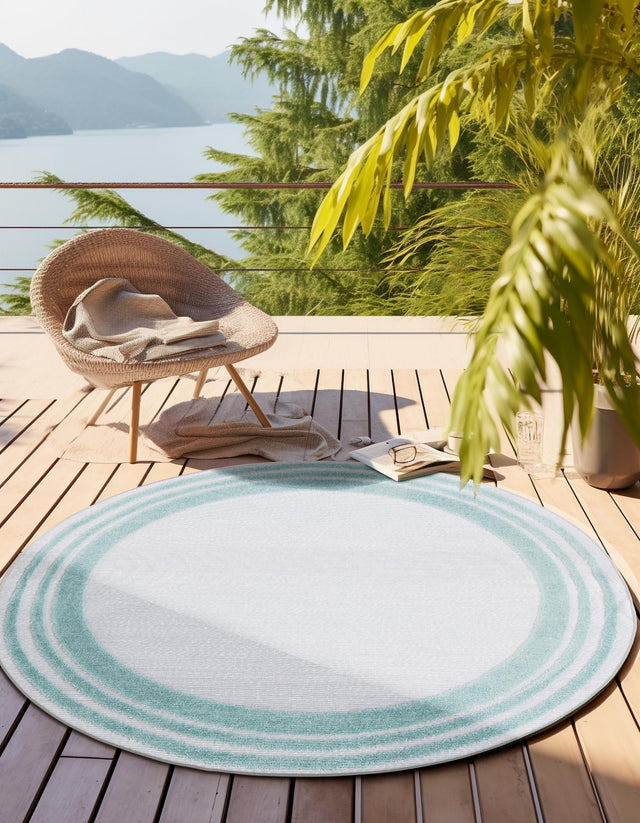 Gray Teal 5' 3 x 5' 3 Aruba Outdoor Round Area Rug Weather Resistant for Patio, Deck, Terrace, Balcony, Porch for Sale at Rug Engine