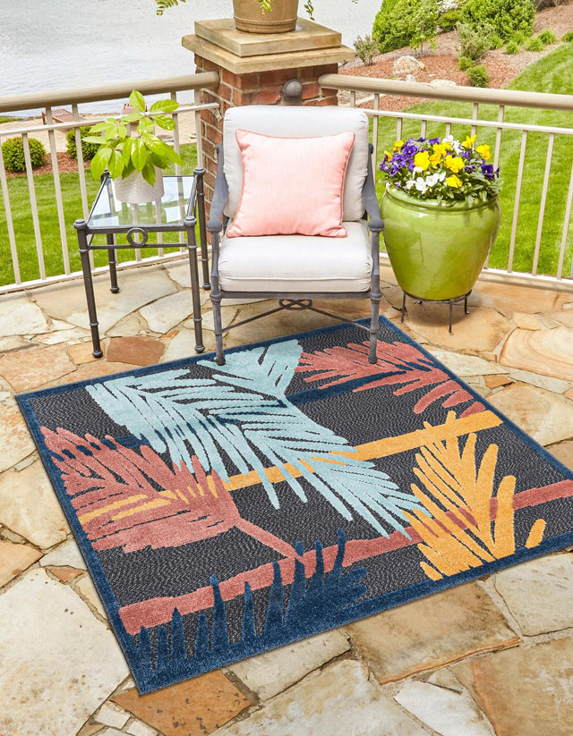 Charcoal 5' 3 x 5' 3 Belize Outdoor Square Area Rug Weather Resistant for Patio, Deck, Terrace, Balcony, Porch 100% Polypropylene Colorful Fun Coastal Modern Carpet for Outside for Sale at Rug Engine