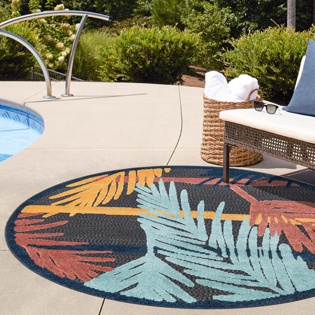 Charcoal 3' 3 x 3' 3 Belize Outdoor Round Area Rug Weather Resistant for Patio, Deck, Terrace, Balcony, Porch 100% Polypropylene Colorful Fun Coastal Modern Carpet for Outside for Sale at Rug Engine