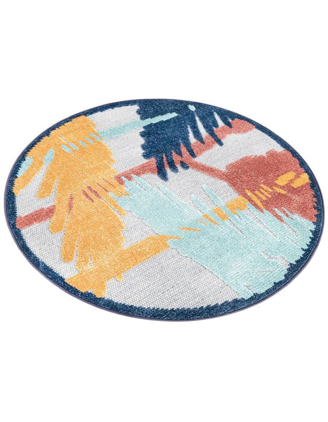 Gray 3' 3 x 3' 3 Belize Outdoor Round Area Rug Weather Resistant for Patio, Deck, Terrace, Balcony, Porch 100% Polypropylene Colorful Fun Coastal Modern Carpet for Outside for Sale at Rug Engine