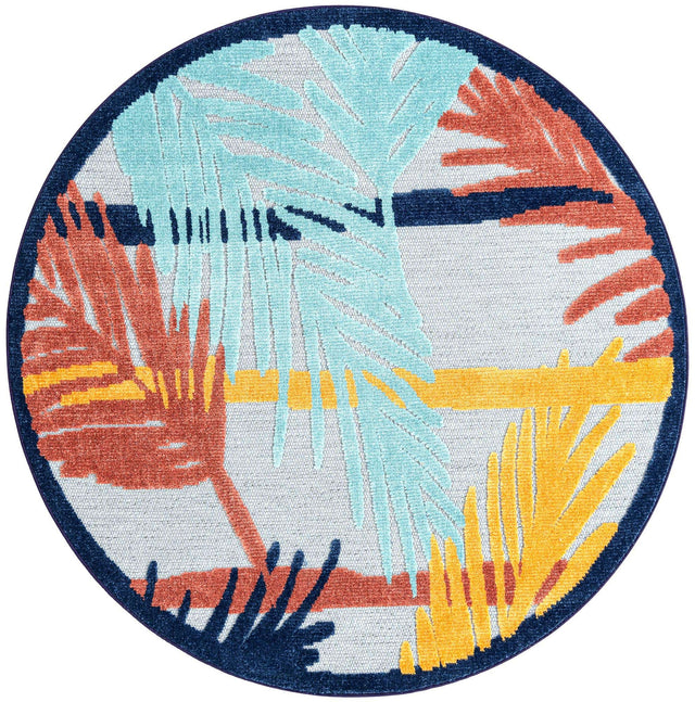 Gray 5' 3 x 5' 3 Belize Outdoor Round Area Rug Weather Resistant for Patio, Deck, Terrace, Balcony, Porch 100% Polypropylene Colorful Fun Coastal Modern Carpet for Outside for Sale at Rug Engine