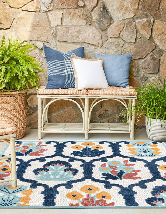 Ivory 7' 10 x 7' 10 Belize Outdoor Square Area Rug Weather Resistant for Patio, Deck, Terrace, Balcony, Porch 100% Polypropylene Colorful Fun Coastal Modern Carpet for Outside for Sale at Rug Engine