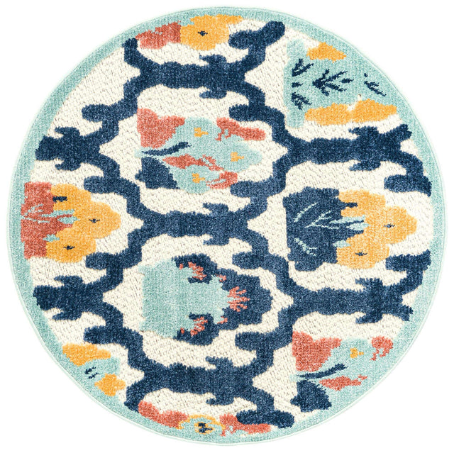 Ivory 3' 3 x 3' 3 Belize Outdoor Round Area Rug Weather Resistant for Patio, Deck, Terrace, Balcony, Porch 100% Polypropylene Colorful Fun Coastal Modern Carpet for Outside for Sale at Rug Engine