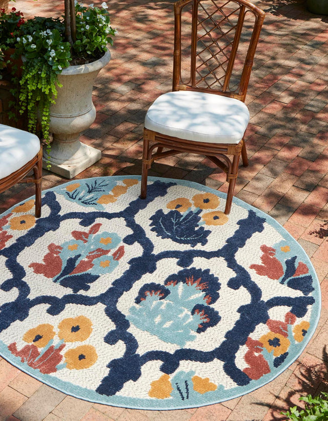 Ivory 3' 3 x 3' 3 Belize Outdoor Round Area Rug Weather Resistant for Patio, Deck, Terrace, Balcony, Porch 100% Polypropylene Colorful Fun Coastal Modern Carpet for Outside for Sale at Rug Engine