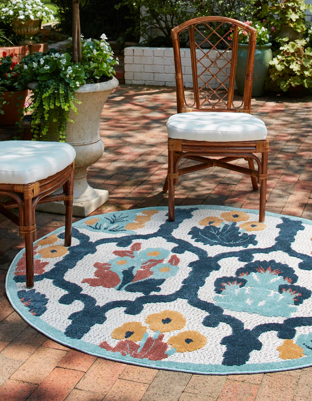 Ivory 3' 3 x 3' 3 Belize Outdoor Round Area Rug Weather Resistant for Patio, Deck, Terrace, Balcony, Porch 100% Polypropylene Colorful Fun Coastal Modern Carpet for Outside for Sale at Rug Engine