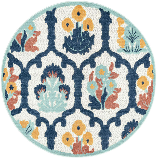 Ivory 5' 3 x 5' 3 Belize Outdoor Round Area Rug Weather Resistant for Patio, Deck, Terrace, Balcony, Porch 100% Polypropylene Colorful Fun Coastal Modern Carpet for Outside for Sale at Rug Engine