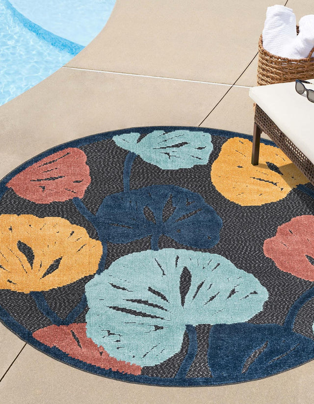 Charcoal 5' 3 x 5' 3 Belize Outdoor Round Area Rug Weather Resistant for Patio, Deck, Terrace, Balcony, Porch 100% Polypropylene Colorful Fun Coastal Modern Carpet for Outside for Sale at Rug Engine