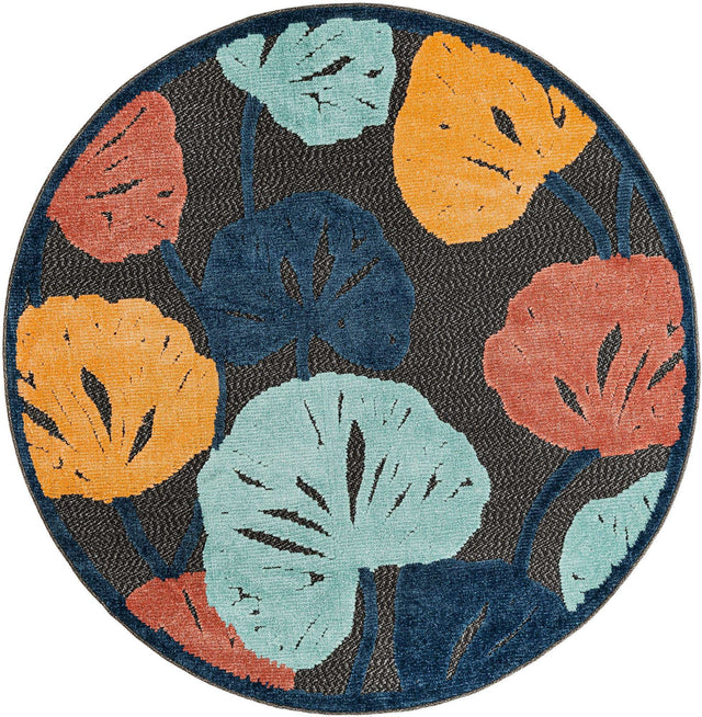 Charcoal 5' 3 x 5' 3 Belize Outdoor Round Area Rug Weather Resistant for Patio, Deck, Terrace, Balcony, Porch 100% Polypropylene Colorful Fun Coastal Modern Carpet for Outside for Sale at Rug Engine