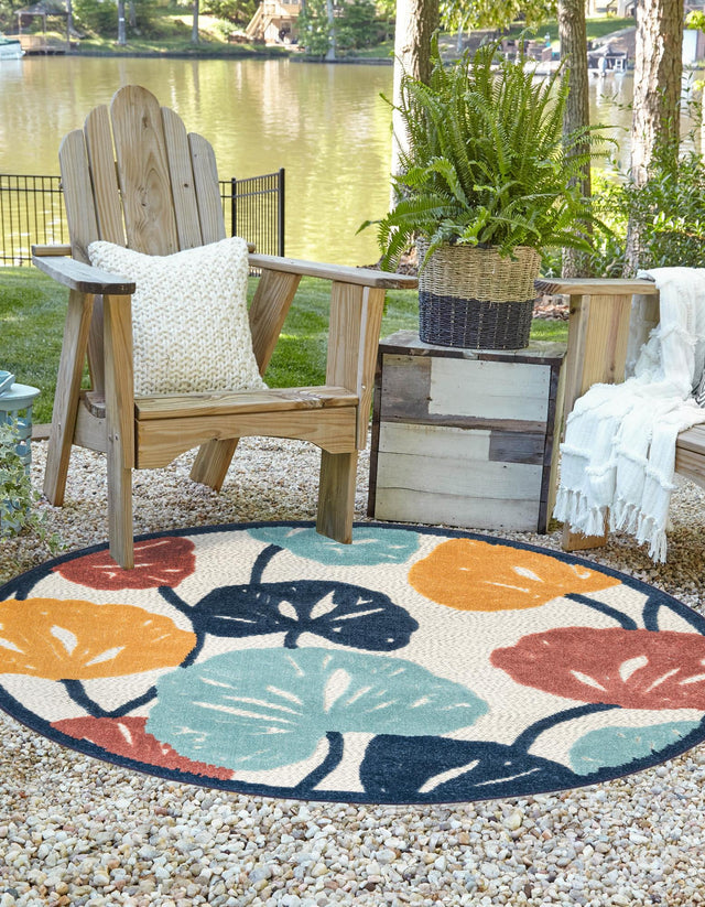 Ivory 5' 3 x 5' 3 Belize Outdoor Round Area Rug Weather Resistant for Patio, Deck, Terrace, Balcony, Porch 100% Polypropylene Colorful Fun Coastal Modern Carpet for Outside for Sale at Rug Engine