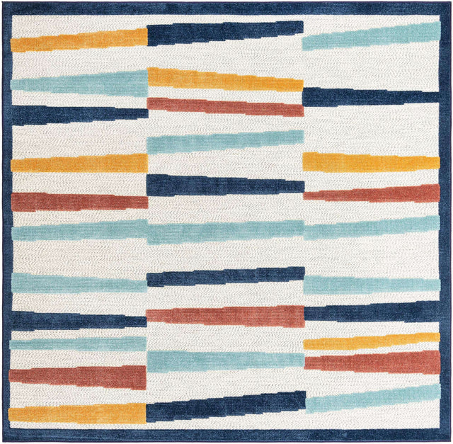 Ivory 7' 10 x 7' 10 Belize Outdoor Square Area Rug Weather Resistant for Patio, Deck, Terrace, Balcony, Porch 100% Polypropylene Colorful Fun Coastal Modern Carpet for Outside for Sale at Rug Engine