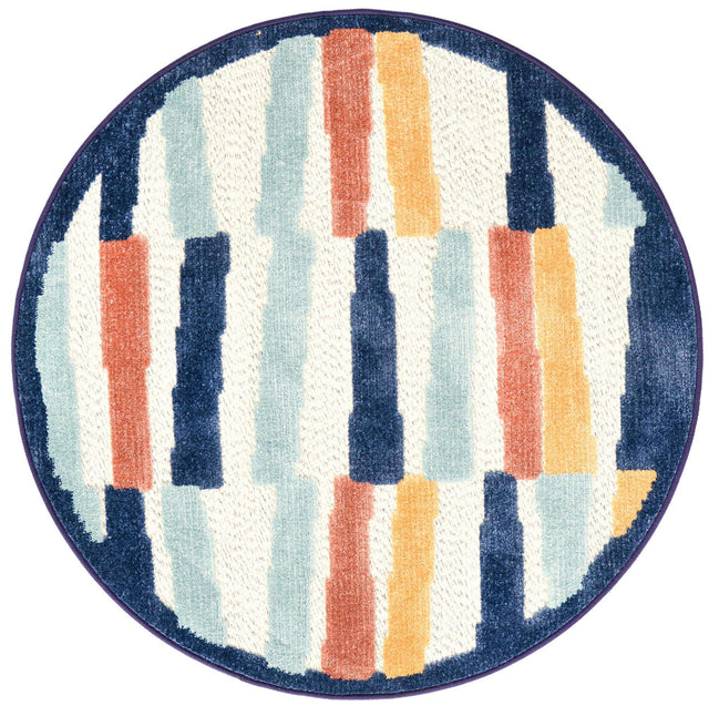 Ivory 3' 3 x 3' 3 Belize Outdoor Round Area Rug Weather Resistant for Patio, Deck, Terrace, Balcony, Porch 100% Polypropylene Colorful Fun Coastal Modern Carpet for Outside for Sale at Rug Engine