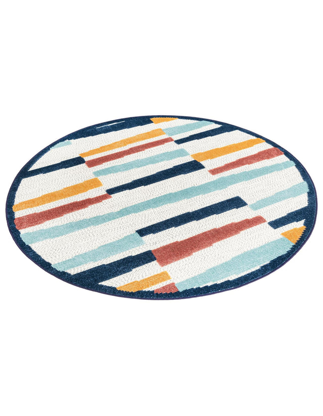 Ivory 5' 3 x 5' 3 Belize Outdoor Round Area Rug Weather Resistant for Patio, Deck, Terrace, Balcony, Porch 100% Polypropylene Colorful Fun Coastal Modern Carpet for Outside for Sale at Rug Engine