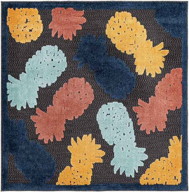 Black 5' 3 x 5' 3 Belize Outdoor Square Area Rug Weather Resistant for Patio, Deck, Terrace, Balcony, Porch 100% Polypropylene Colorful Fun Coastal Modern Carpet for Outside for Sale at Rug Engine