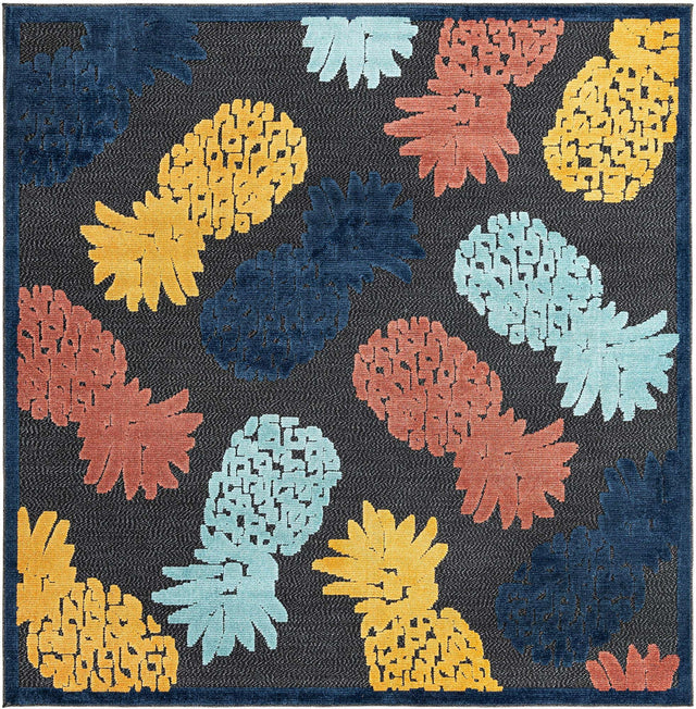 Black 7' 10 x 7' 10 Belize Outdoor Square Area Rug Weather Resistant for Patio, Deck, Terrace, Balcony, Porch 100% Polypropylene Colorful Fun Coastal Modern Carpet for Outside for Sale at Rug Engine