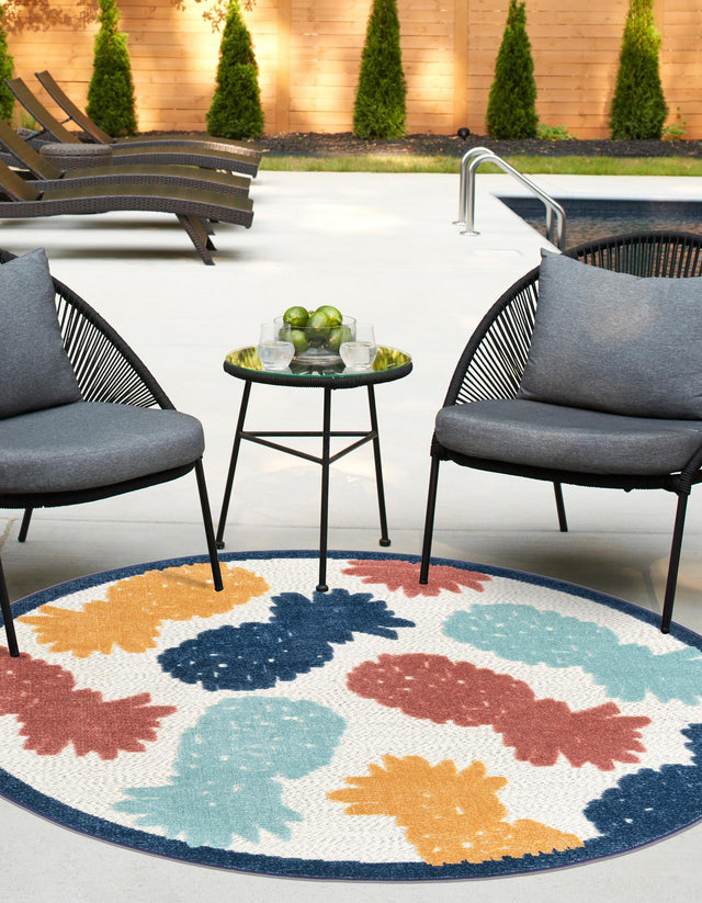 White 3' 3 x 3' 3 Belize Outdoor Round Area Rug Weather Resistant for Patio, Deck, Terrace, Balcony, Porch 100% Polypropylene Colorful Fun Coastal Modern Carpet for Outside for Sale at Rug Engine