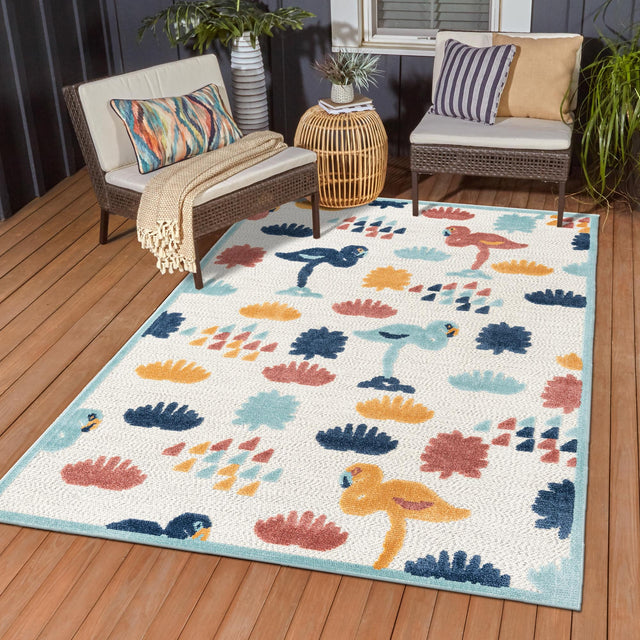 White 9' x 12' Belize Outdoor Rectangle Area Rug Weather Resistant for Patio, Deck, Terrace, Balcony, Porch 100% Polypropylene Colorful Fun Coastal Modern Carpet for Outside for Sale at Rug Engine