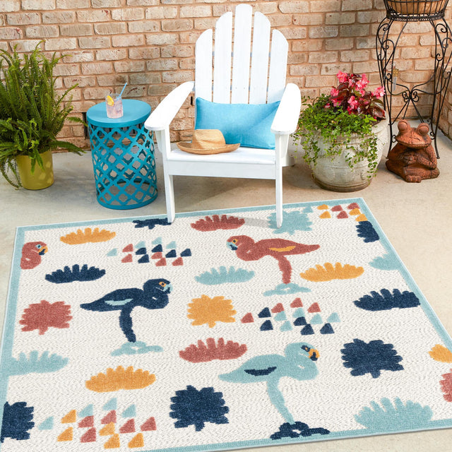 White 5' 3 x 5' 3 Belize Outdoor Square Area Rug Weather Resistant for Patio, Deck, Terrace, Balcony, Porch 100% Polypropylene Colorful Fun Coastal Modern Carpet for Outside for Sale at Rug Engine