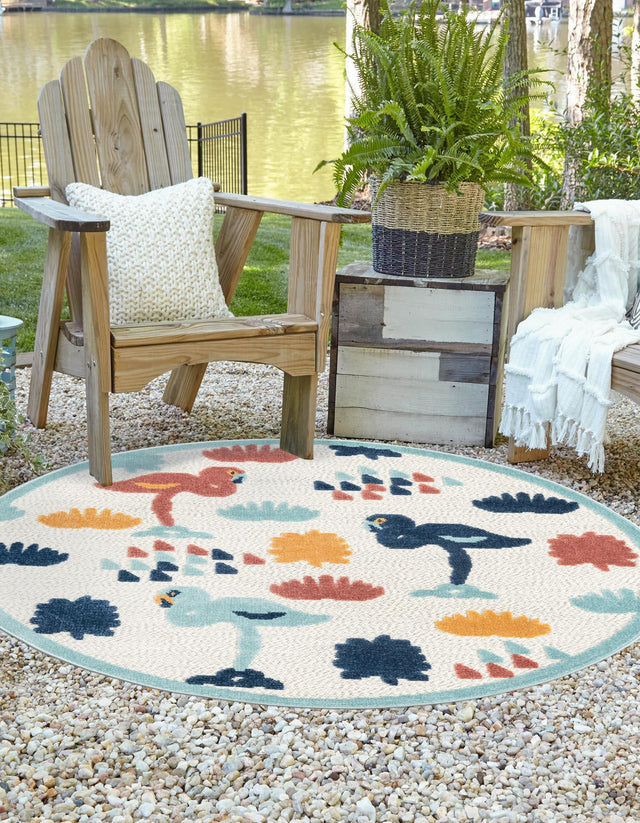 White 5' 3 x 5' 3 Belize Outdoor Round Area Rug Weather Resistant for Patio, Deck, Terrace, Balcony, Porch 100% Polypropylene Colorful Fun Coastal Modern Carpet for Outside for Sale at Rug Engine