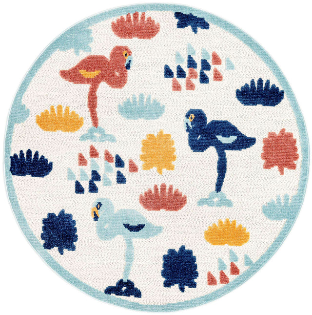 White 5' 3 x 5' 3 Belize Outdoor Round Area Rug Weather Resistant for Patio, Deck, Terrace, Balcony, Porch 100% Polypropylene Colorful Fun Coastal Modern Carpet for Outside for Sale at Rug Engine