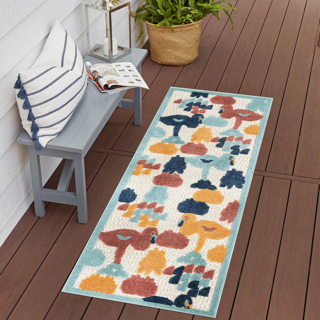 White 2' x 8' Belize Outdoor Runner Area Rug Weather Resistant for Patio, Deck, Terrace, Balcony, Porch 100% Polypropylene Colorful Fun Coastal Modern Carpet for Outside for Sale at Rug Engine
