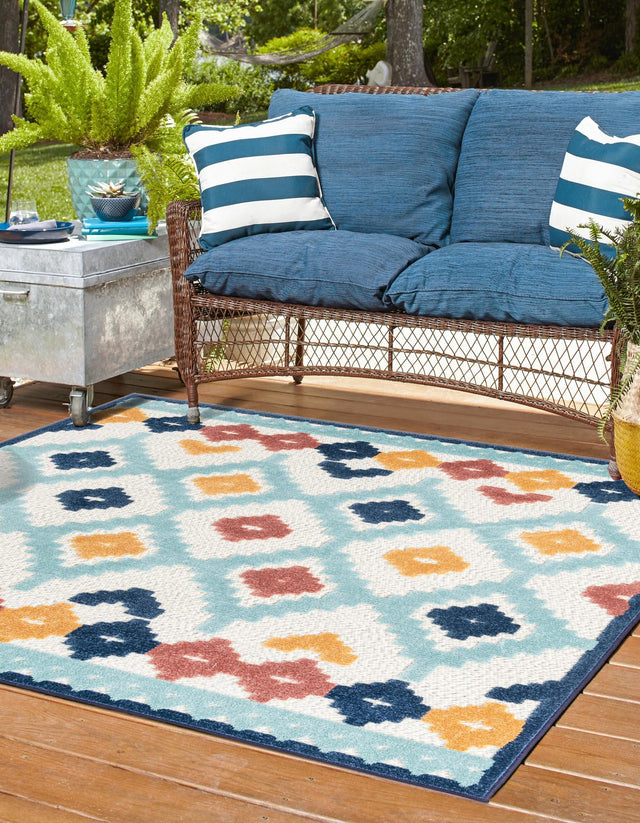 Ivory 7' 10 x 7' 10 Belize Outdoor Square Area Rug Weather Resistant for Patio, Deck, Terrace, Balcony, Porch 100% Polypropylene Colorful Fun Coastal Modern Carpet for Outside for Sale at Rug Engine