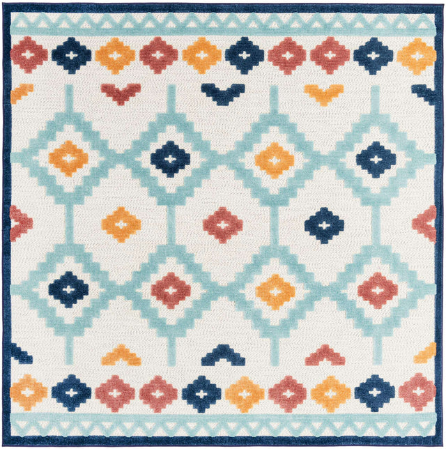 Ivory 7' 10 x 7' 10 Belize Outdoor Square Area Rug Weather Resistant for Patio, Deck, Terrace, Balcony, Porch 100% Polypropylene Colorful Fun Coastal Modern Carpet for Outside for Sale at Rug Engine