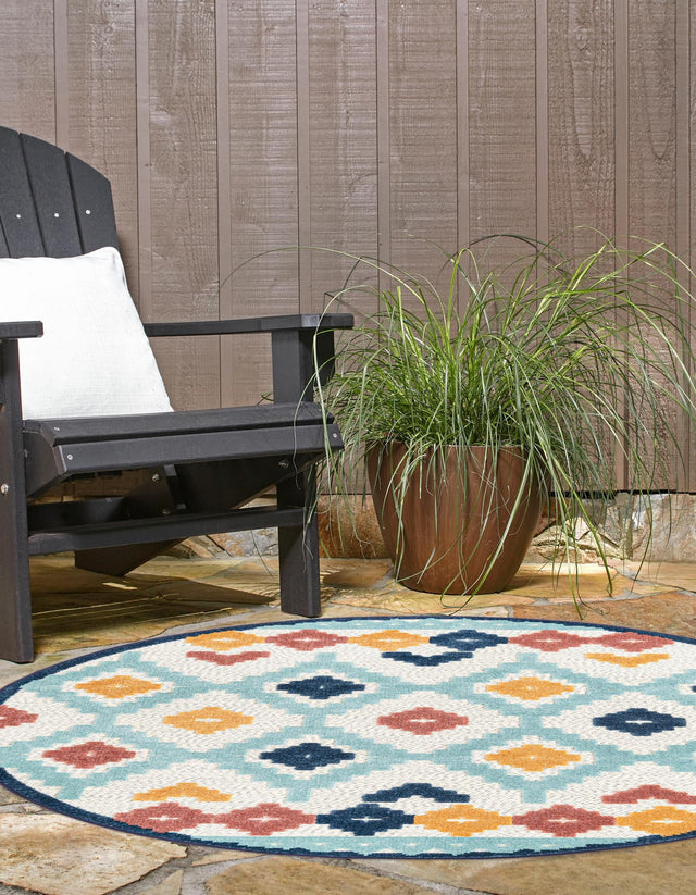 Ivory 5' 3 x 5' 3 Belize Outdoor Round Area Rug Weather Resistant for Patio, Deck, Terrace, Balcony, Porch 100% Polypropylene Colorful Fun Coastal Modern Carpet for Outside for Sale at Rug Engine