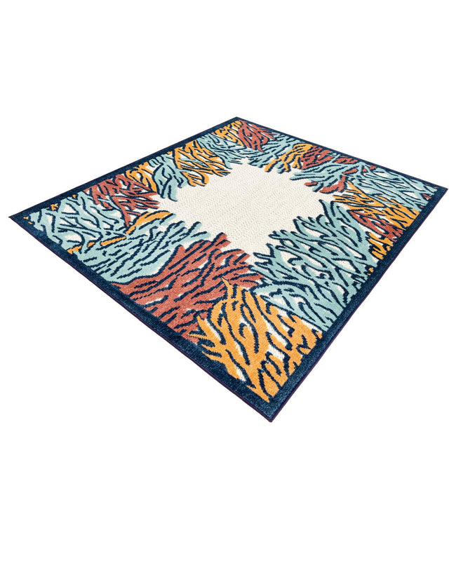 Multicolor 5' 3 x 5' 3 Belize Outdoor Square Area Rug Weather Resistant for Patio, Deck, Terrace, Balcony, Porch 100% Polypropylene Colorful Fun Coastal Modern Carpet for Outside for Sale at Rug Engine
