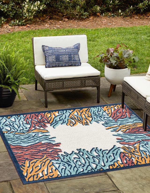 Multicolor 5' 3 x 5' 3 Belize Outdoor Square Area Rug Weather Resistant for Patio, Deck, Terrace, Balcony, Porch 100% Polypropylene Colorful Fun Coastal Modern Carpet for Outside for Sale at Rug Engine