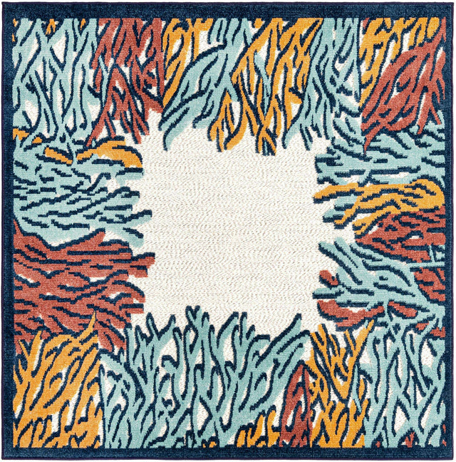 Multicolor 5' 3 x 5' 3 Belize Outdoor Square Area Rug Weather Resistant for Patio, Deck, Terrace, Balcony, Porch 100% Polypropylene Colorful Fun Coastal Modern Carpet for Outside for Sale at Rug Engine