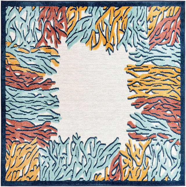 Multicolor 7' 10 x 7' 10 Belize Outdoor Square Area Rug Weather Resistant for Patio, Deck, Terrace, Balcony, Porch 100% Polypropylene Colorful Fun Coastal Modern Carpet for Outside for Sale at Rug Engine