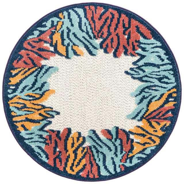 Multicolor 3' 3 x 3' 3 Belize Outdoor Round Area Rug Weather Resistant for Patio, Deck, Terrace, Balcony, Porch 100% Polypropylene Colorful Fun Coastal Modern Carpet for Outside for Sale at Rug Engine